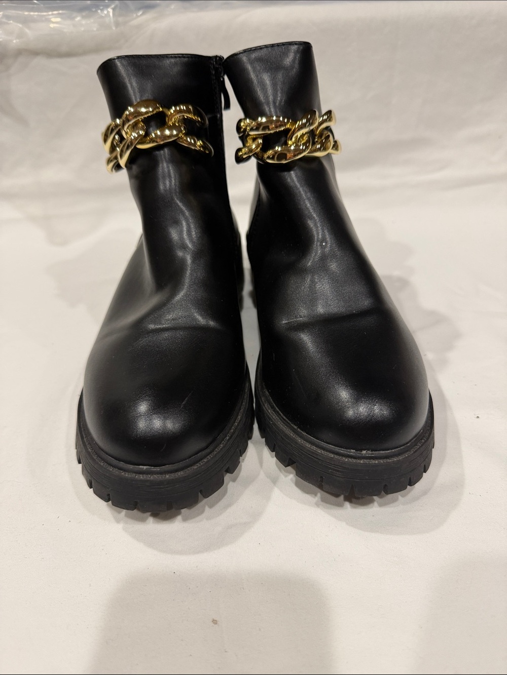 Elle Black Ankle Booties with Gold Chain Trim